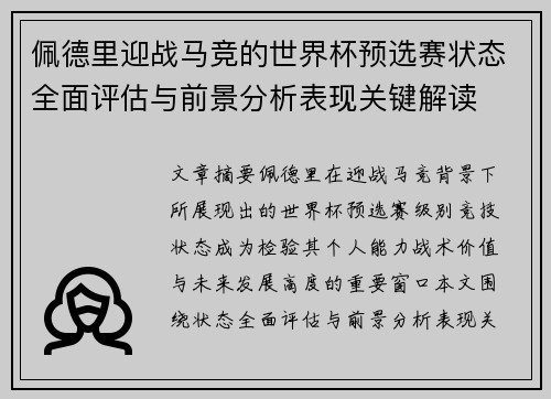 佩德里迎战马竞的世界杯预选赛状态全面评估与前景分析表现关键解读